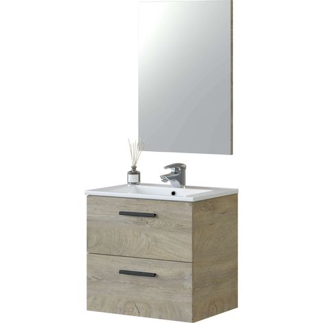 Mueble de Baño Aruba Estilo Natural en Color Roble Alaska con 2 Cajones + Espejo 57x60x45 cm (Lavabo Cerámico)