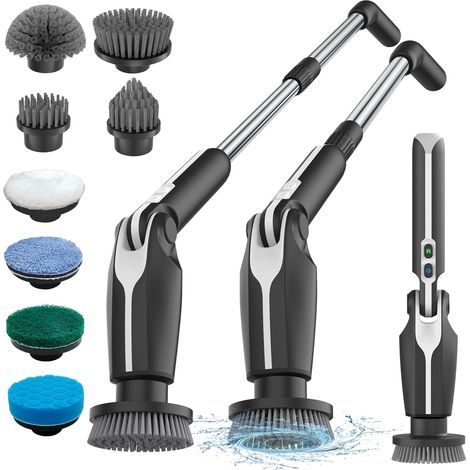 Brosse Électrique Nettoyage, Brosse Nettoyage sans Fil avec 8 Brosses remplaçables, Télécommande, 2 Vitesses de Rotation et Longueur Réglable 38-132CM pour Salle de Bain/Cusine/Voiture (1/5)