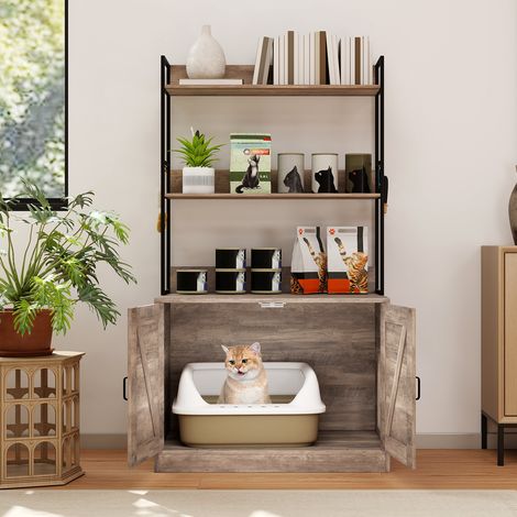 Ouverture facile, meuble litière chat avec étagères 3 niveaux, rangement et niche chat, cadre métal gris (1/5)