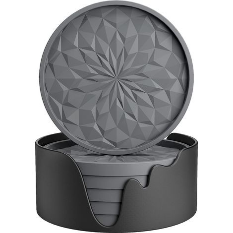 Silicone Coasters with Holder, Coasters for Hot or Cold Drinks, Thick, Non-Slip, Deep Tray, Dark Grey, Set of 6