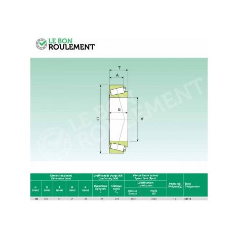 Roulement cone cuvette ref 33116 - 80x130x37