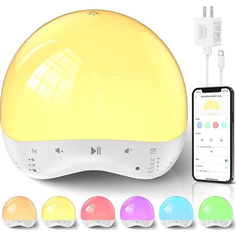 Nachtlicht mit Wecker für Kinder, Steuerung per Tuya-App/Touch-Taste, 7 Farben, 25 beruhigende Klänge, Nachtlicht, für Tiefschläfer, Einschlafhilfe, Timer, Babygeräuschmaschine fürs Schlafzimmer (1/5)