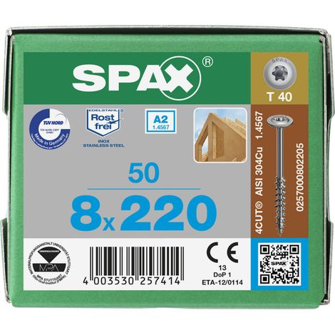 SPAX HI.FORCE, 8 x 220 mm, 50 Stück, Teilgewinde, Tellerkopf, T-STAR plus T40, 4CUT, Edelstahl rostfrei A2 - 0257000802205