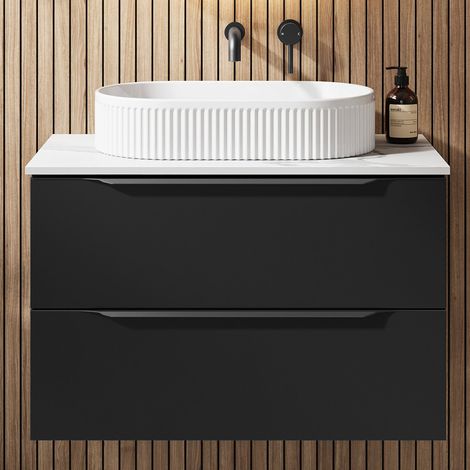 800mm Countertop Bathroom Vanity Unit Basin Wall Hung Furniture Soft Close Black (1/5)