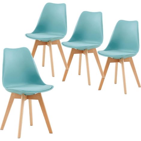 Lot de 4 chaises de salle à manger scandinaves rétro bleu ciel, assise rembourrée, pieds en hêtre massif (1/4)