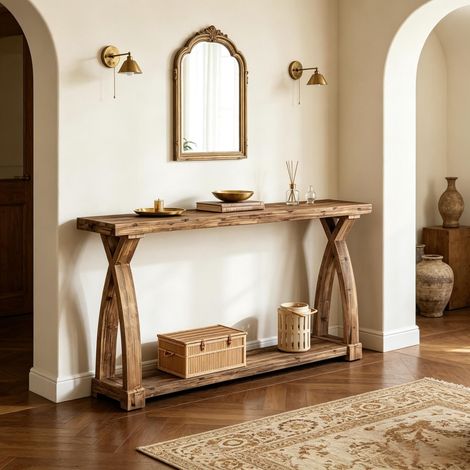 Table console design avec structure croisée distinctive, table étroite d’entrée et table de canapé, meuble fonctionnel pour couloir, salon, vendu à l’unité (1/5)
