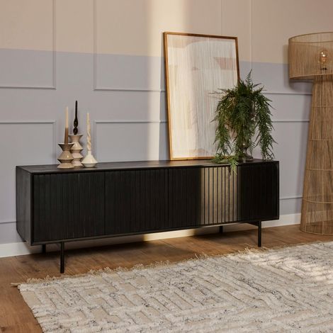Meuble TV bois noir 4 portes rainurées 165 cm CORTINA (1/5)