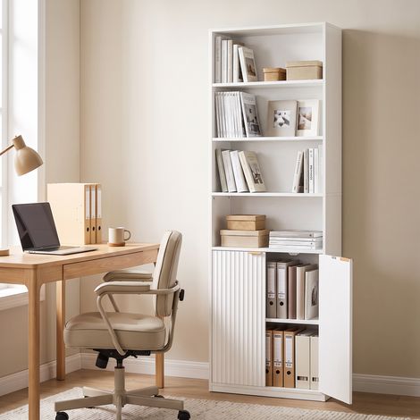 Bibliothèque étroite 6 niveaux - Modèle Ajustable Blanc - Etagère haute 182cm avec portes magnétiques et rangements ouverts (1/5)