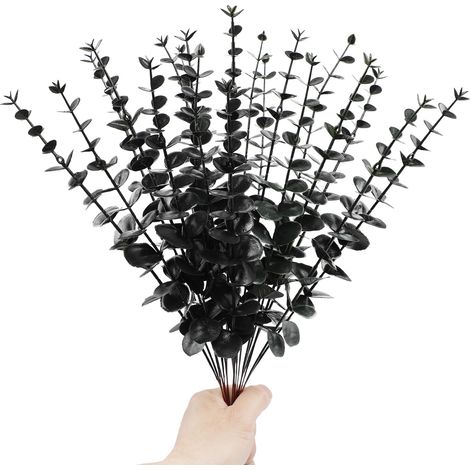 24 künstliche Grünpflanzen, Blumenarrangement aus einzelnen Eukalyptusblättern, künstliche Blumendekoration für den Innenbereich (Schwarz - Einzelner Eukalyptus 016) (1/2)