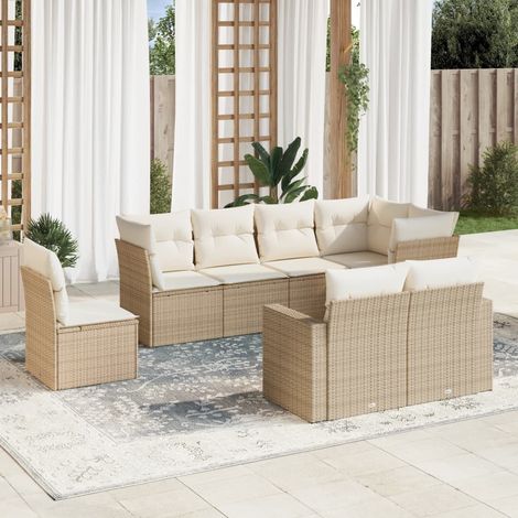 Ensemble Salon Jardin 8 Places Résine Tressée Beige avec Coussins - Canapé d'Angle Modulable (1/3)