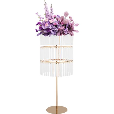 Supports à fleurs de mariage cylindriques sur pied en métal doré avec pendentifs cristal à 3 niveaux, centre de table décoratif, pour banquet, fête, événement et réception - 95 cm H (1/5)