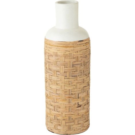 Vase Déco avec Tissage Rotin "Bali" 75cm Blanc & Naturel (1/3)