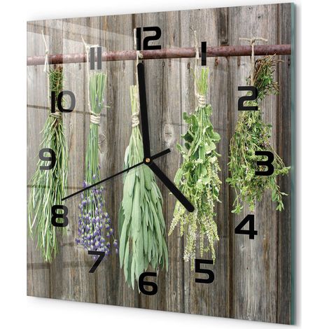 Horloge Murale Carrée Décoration Cuisine en Verre Trempé Silencieuse Moderne Herbes sur une ficelle 30x30 cm (1/5)