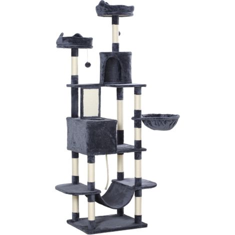 Tiragraffi per gatti da 206 cm con cuccia, 2 palline gioco, pali in sisal, piattaforma per gatti di grandi dimensioni, grigio scuro, consegna in loco. (1/5)