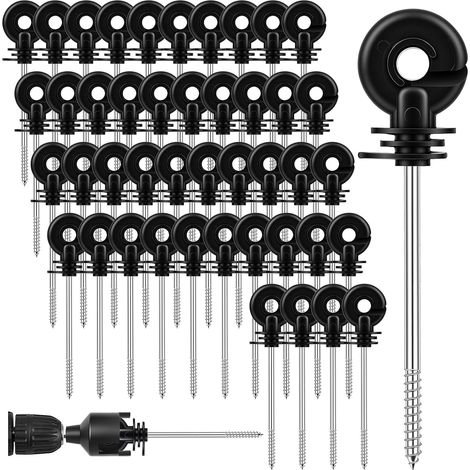 60 Pièces Isolateurs de Clôture Électrique à Vis, Isolateurs Annulaires pour Clôture Électrique, Isolateur Annulaires avec Douille, Isolants à Anneau Vissable pour Cordes, Fils et Brins (Noir) (1/5)