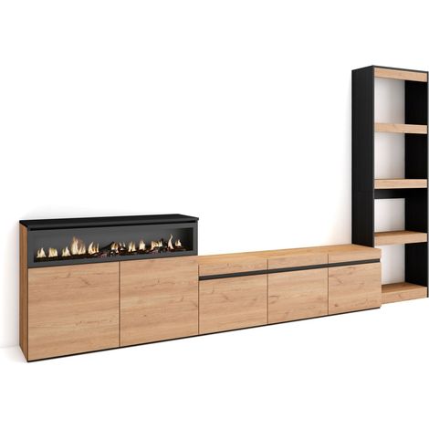 Skraut Home Mobile Soggiorno TV Parete Attrezzata Soggiorno 310x186x35cm Per TV fino a 65" Camino elettrico Stile moderno Rovere e nero (1/4)