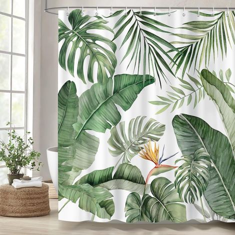 Rideau de Douche Feuilles Tropicales Vertes 180 x 180 cm, Palmier Monstera Feuilles de Bananier Rideaux de Baignoire Imperméable Anti-Moisissures Tissu avec 12 Crochets (1/5)