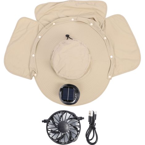 Ortviai Chapeau de pêche solaire avec ventilateur intégré, UPF50, bord large et capuche anti-UV, khaki