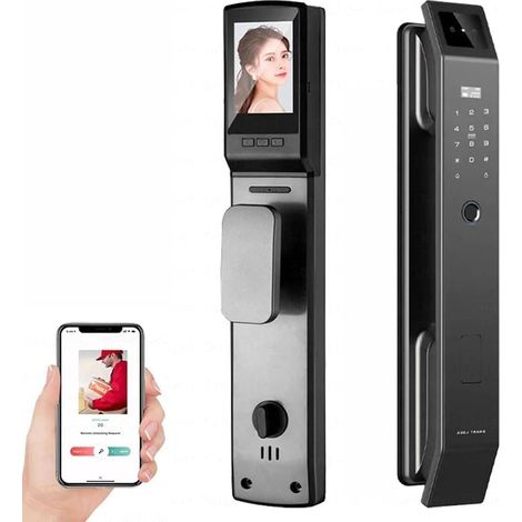 Serrure de porte intelligente WiFi avec caméra HD – Déverrouillage par empreinte digitale et reconnaissance faciale 3D – Batterie rechargeable 3200 mAh