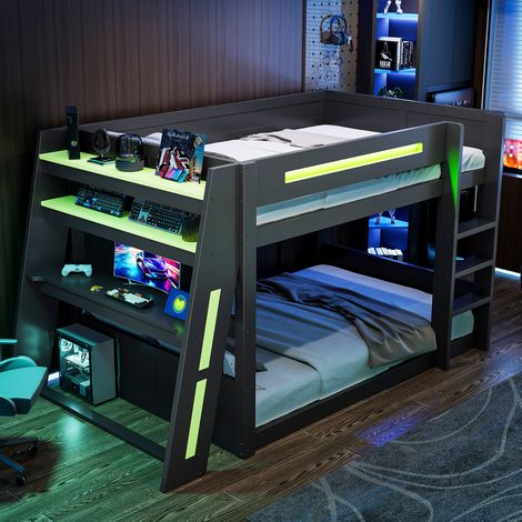 Letto a castello 140x200 cm con scrivania, vani portaoggetti, USB e LED, in legno, nero, senza materasso (1/5)