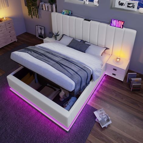 Lit double capitonné moderne 160x200 cm avec coffre hydraulique, LED 360°, USB et USB-C, PU blanc (1/5)