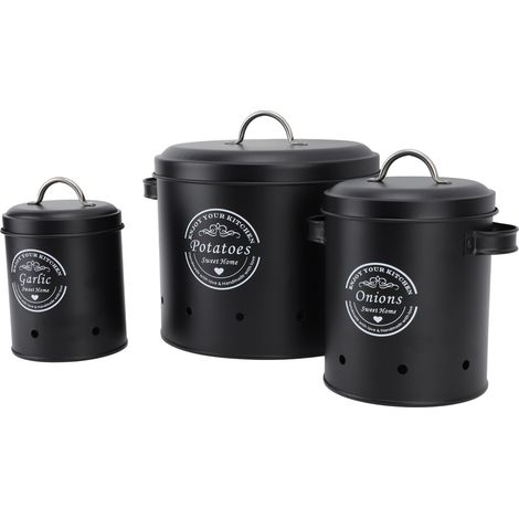 Lot de 3 boîtes de rangement pour pommes de terre et oignons, en acier au carbone, style ferme, récipients de cuisine noirs pour plan de travail. (1/5)