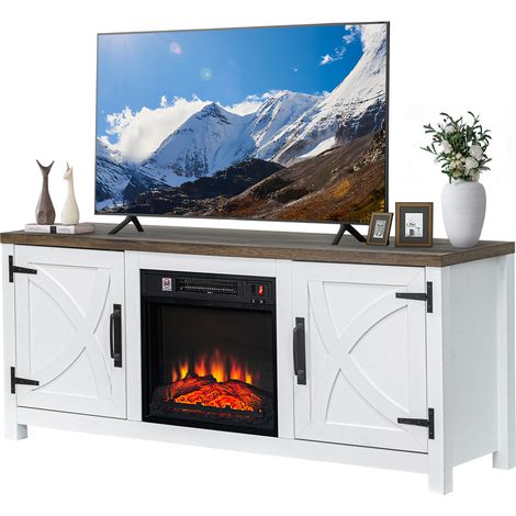 Parrot Uncle TV-Schrank mit integriertem Elektrokamin 147 cm, TV-Lowboard mit 18 Zoll LED-Kamin, Stauraum, modernes TV-Möbel in Weiß