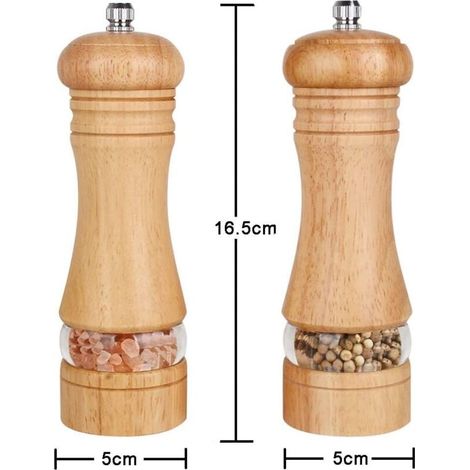 Lot de 2，Salieres et Poivrieres Bois, Réglables Avec Broyeur à épices en Céramique，6"