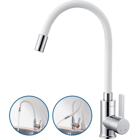 Auralum Robinet de Cuisine Flexible Bec Haut Orientable Librement Mitigeur Évier Laiton Robinet Evier Monotrou à Eau Chaude et Froide, Blanc (1/5)