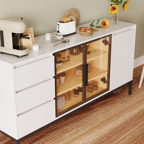 Buffet de rangement blanc, armoire cuisine panneaux latéraux, 3 tiroirs, étagère garde-manger, console meuble salle à manger, pour salon et salle à manger