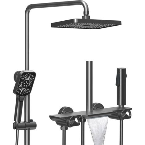 Duschsystem Duscharmatur Komplettset 4 Funktionen Wandmontage Duschset Regendusche Set Messing Duschgarnitur mit Regendusche, Wanneneinlauf Wasserfall, Bidet Handbrause (Grau) (1/5)
