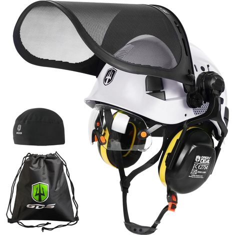 Casque de protection pour tronçonneuse - Système 5 en 1 avec protection du visage en maille - Visière et cache-oreilles intégrés - Ventilé - Pour le travail du bois et le (1/5)