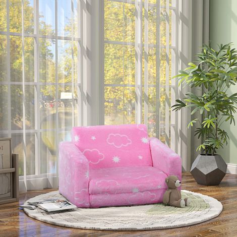 Divano pieghevole 2 in 1 per bambini, rivestito in tessuto luminoso con motivo a nuvole, cuscino e fodera lavabili, rosa.