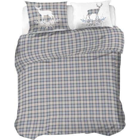 Parure de lit Double en Flanelle 100% Coton, Housse de Couette 250 x 200 cm et taie d'oreiller 52 x 82 cm, Lavable en Machine à 40 degrés, Motif cerf Bleu (1/5)