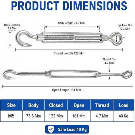 Tendeur Cable Inox M5 Tendeur Fil Réglable en Acier Inoxydable 304 Ridoir Crochet et Œil 122-181 mm Tendeur Voile d'Ombrage Câble Grillage Corde à Linge Extérieur (1/4)