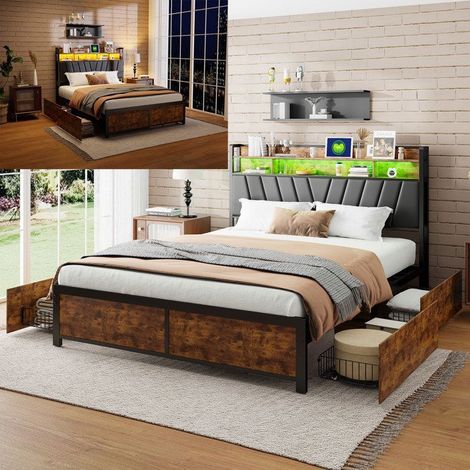 Cama 160x200 cm Negra con 4 Cajones y LED - USB y Toma de Corriente Integrados - Somier de Lamas - Diseño Moderno