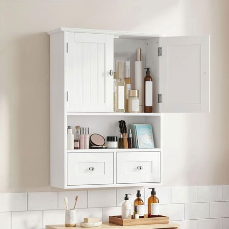 Meuble de salle de bain mural, avec portes, étagère, 2 tiroirs, 50,8 cm (L) x 17,8 cm (P) x 66 cm (H), blanc (1/5)