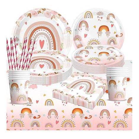 Vaisselle Jetable Anniversaire Fille Arc en Ciel assiette jetable anniversaire Invités kit Vaisselle Fête Decoration Noces, Baby Shower, Noël et Fêtes (1/5)