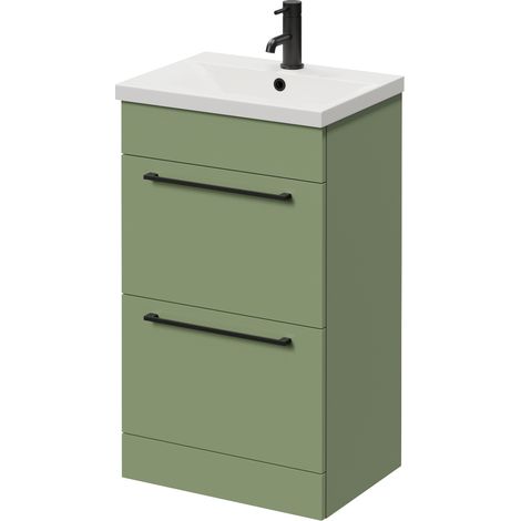 Napoli 390 Olive Green 500mm 2 Drawer Vanity Unit with Glide Basin - 500mm - Matt Black 320mm Handle