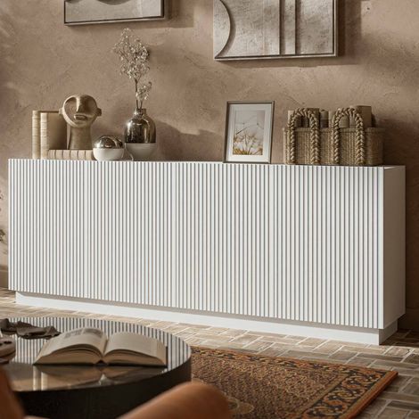 Masainas Sideboard, Wohnzimmer-Sideboard mit vier Flügeltüren, Schilfoptik-Design, 150x40 h48 cm, Weiß (1/4)