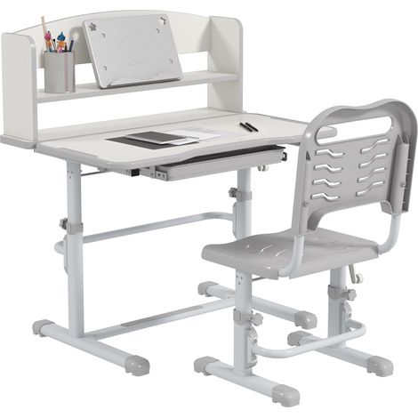 Bureau enfant, hauteur réglable, 1 tiroir, 1 étagère et angle de plateau ajustable, 80 x 54,5 x 82-104 cm, gris et blanc (1/5)