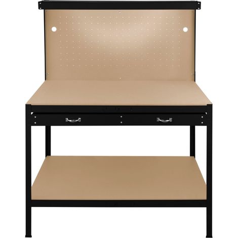 Etabli Noire Métallique de Travail avec Tiroirs & Panneaux Perforés [40 Crochets&Maillet OFFERTS] Capacité 370 KG LED Intégré Bricolage, Atelier, Garage-Rangement-Plan de Travail 120 x 60cm
