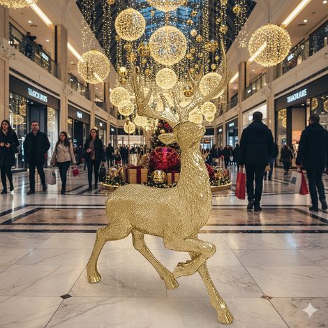 Renna Decorativa Oro Glitter Alta 152 cm cervo gigante GRANDE Effetto Scenico in resina alzata che cammina Decorazione grande Scenografica addobbo per Vetrine e Ambienti 118x110x58cm