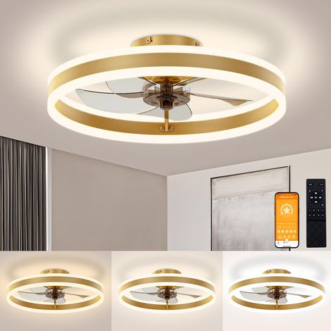 40cm Gold Double Ring Bladeless Ceiling Fan Light 220V Stepless Dimmable Remote Flush Mount Box Magnetic English Manual For Bedroom (1/5)