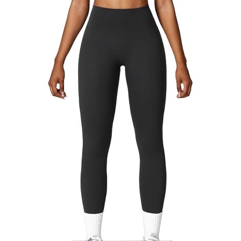 Leggings taille haute pour femme, effet push-up, pantalon de yoga, uni, séchage rapide, élastique, pantalon long de sport, noir, taille L (1/4)