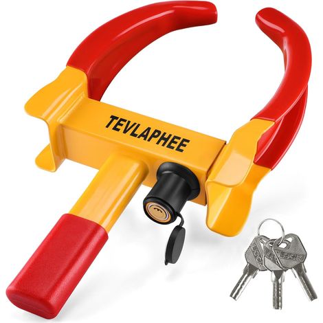 Antivol Voiture Sabot Roue, Griffe de Pneu, Antivol de Voiture Bloque, Roue Sécurité Antidémarrage, Universelle, Réglable, Serrure Anti-perçage, 3 Clés(Rouge & Jaune) (1/5)