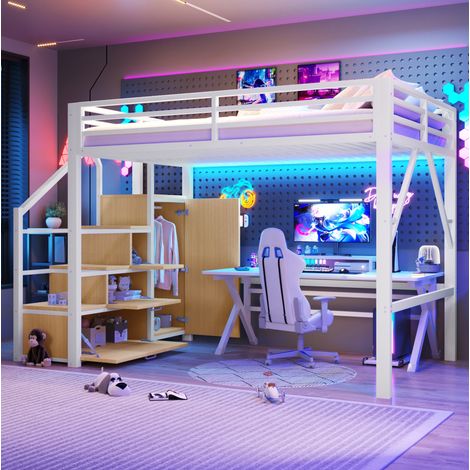 Cama alta tipo altillo 140x200 cm con almacenamiento, armario, LED y escalera, metal y MDF, blanco (1/5)