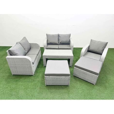 Fimous High Back Poly Rattan Garden Furniture Set with Reclining Chair Loveseat Sofa Oblong Coffee Table Indoor Outdoor Patio Set 2 Big Stool Light Grey (1/4)