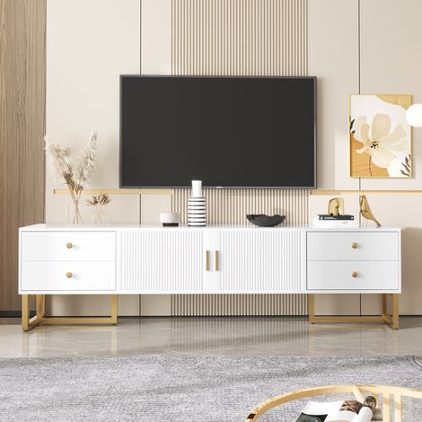 Meuble TV 175x45x35cm, avec 4 tiroirs texturés et 2 portes, Aspect texturé, meuble TV de salon à panneau bas, espace de rangement, design moderne, Blanc (1/5)