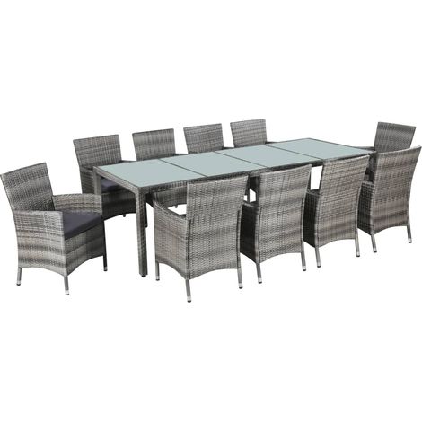 Set de comedor de jardín 11 pzas y cojines ratán sintético gris vidaXL